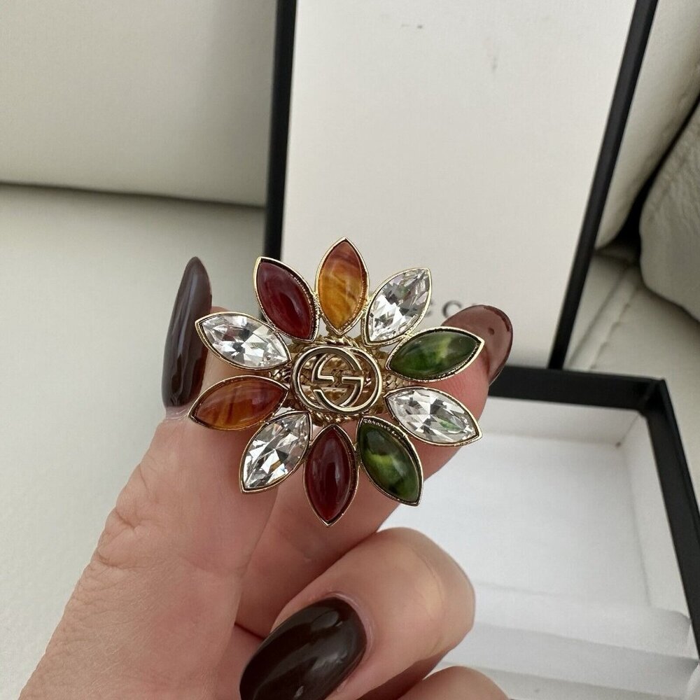 New GUCCI RING FLOWER CRYSTAL GG SIZE XS GOLDEN MULTICOLOR - Picture 5 of 8